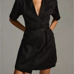 Anthropologie Lorenzo Black Short-Sleeve Belted Blazer Mini Wrap Dress LBD